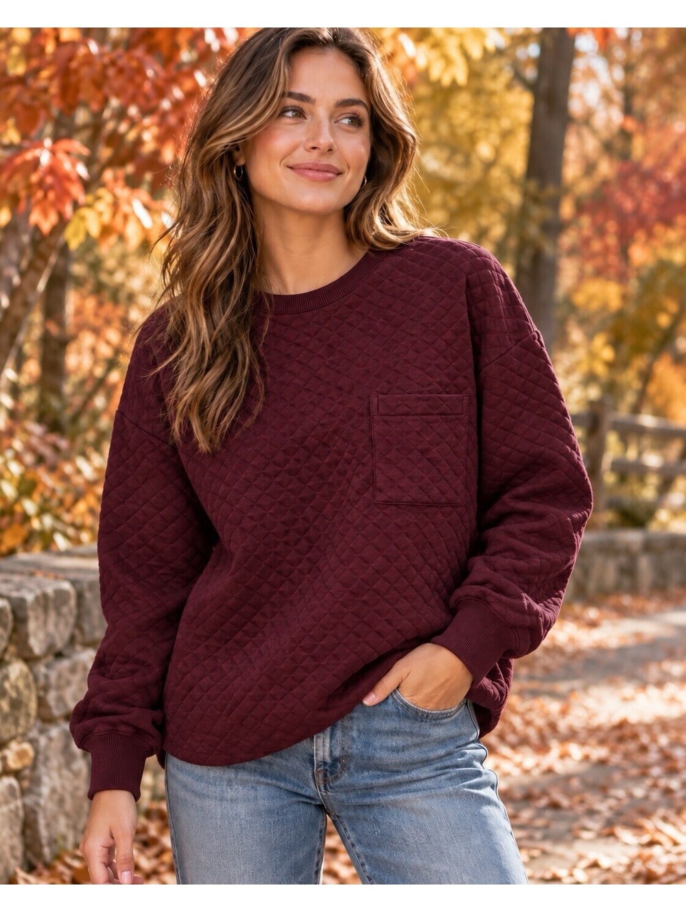 Banana Republic Factory Quilted Sweatshirt Women Size L Vino Rosso Cotton Pocket